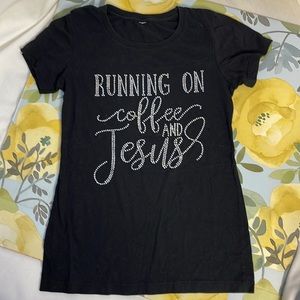 LIQUIDATION SALE Black Rhinestone Tshirt “Running on Coffee and Jesus” | Size XS